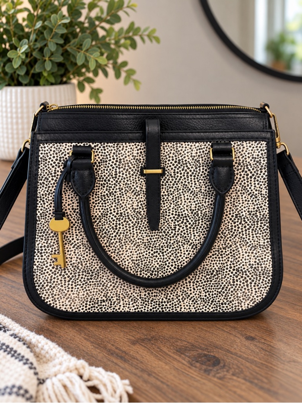 Fossil Ryder Satchel in black & white Cheetah print.